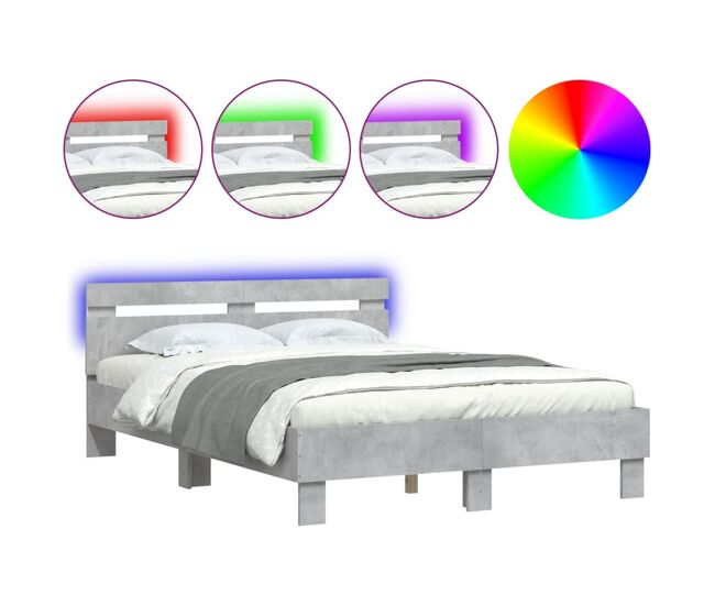 Estrutura de cama de casal cabeceira e luzes led - 120x200cm cinzento cimento