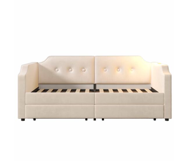 Sofá-cama de veludo 90x200 cm - com função de carga e led - com base de ripas - bege