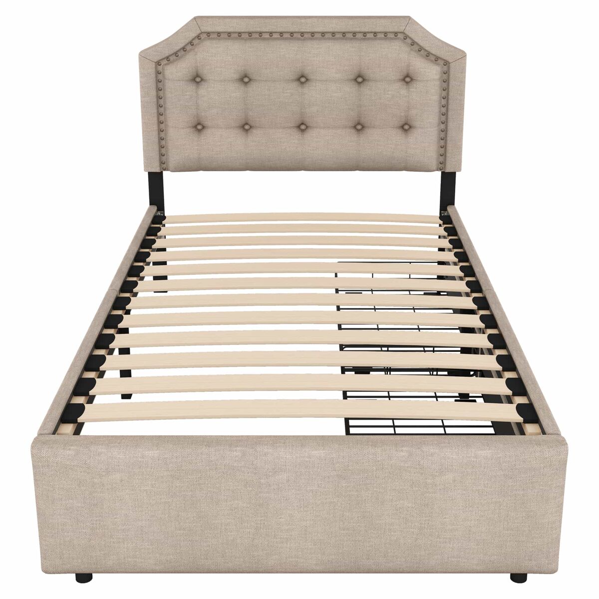 Cama estofada em linho com 2 gavetas - 90x200 cm - cabeceira decorada com rebites - taupe