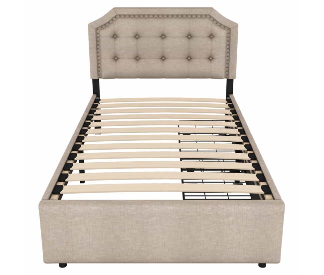 Cama estofada em linho com 2 gavetas - 90x200 cm - cabeceira decorada com rebites - taupe
