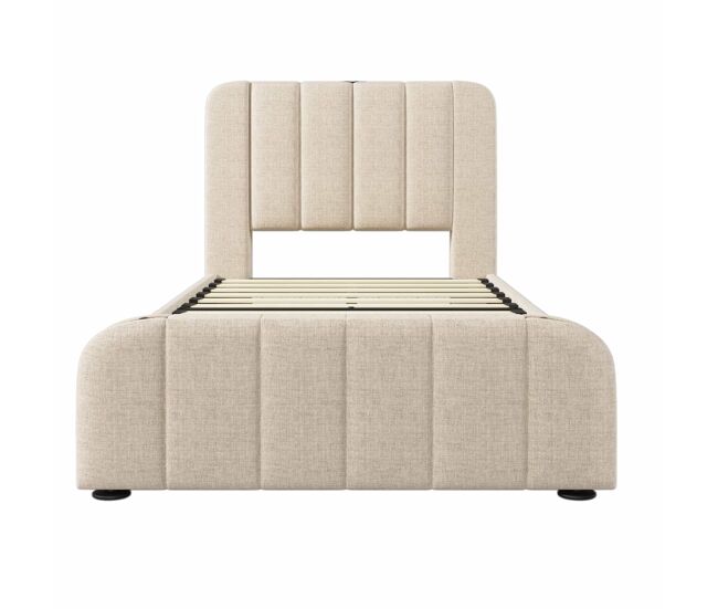 Cama com gavetas 90x200 cm em tecido de linho - com carregamento usb e tipo c - decorada com riscas douradas - bege
