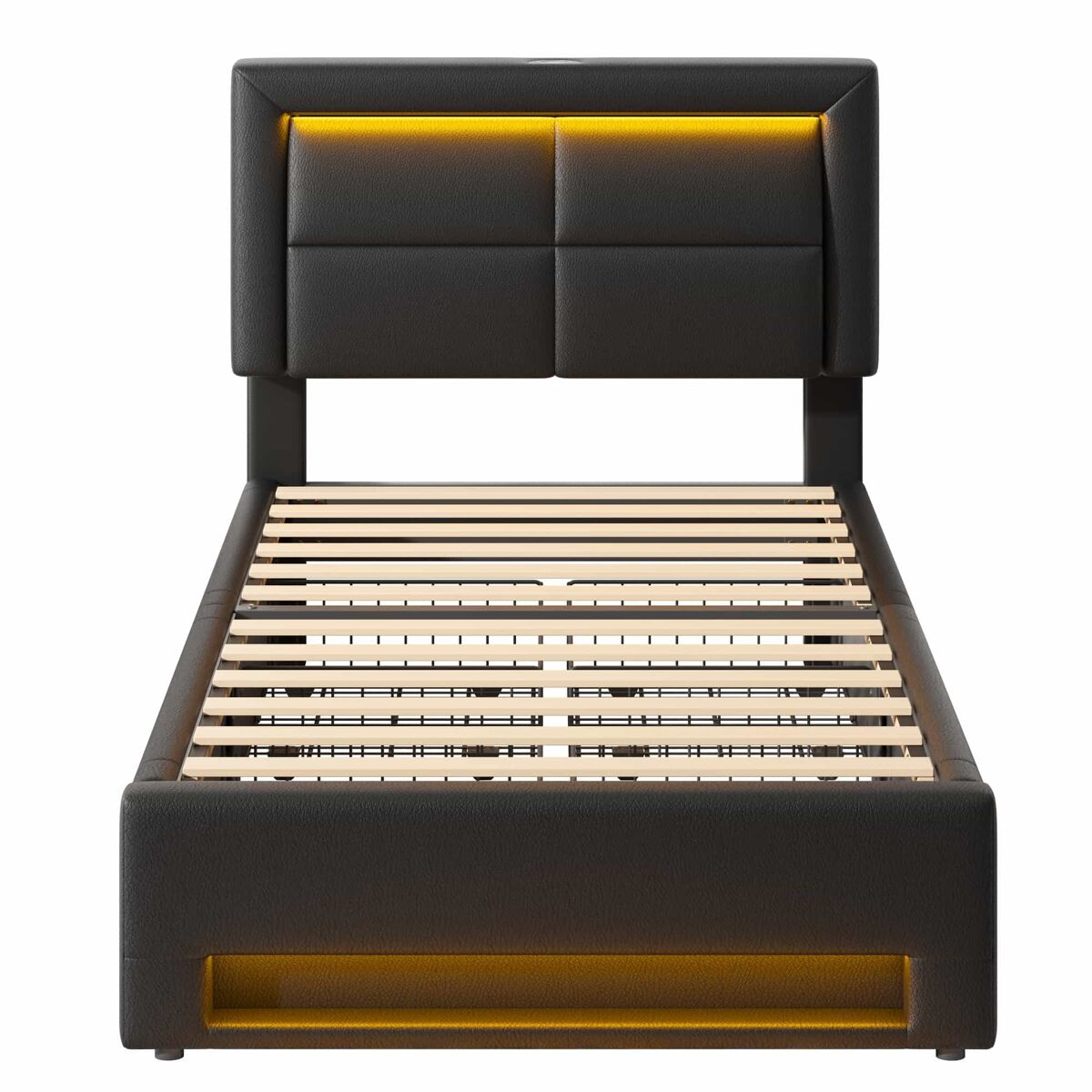 Cama estofada 90x190 - com porta usb, carregamento sem fios e com fios, led e 4 gavetas - preto