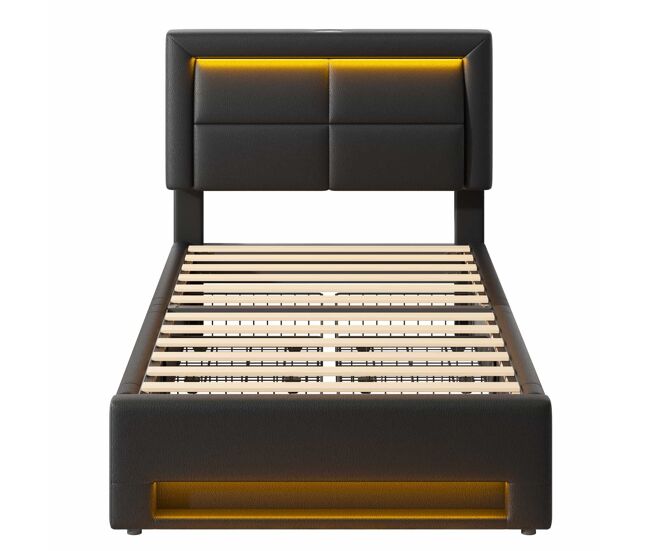 Cama estofada 90x190 - com porta usb, carregamento sem fios e com fios, led e 4 gavetas - preto