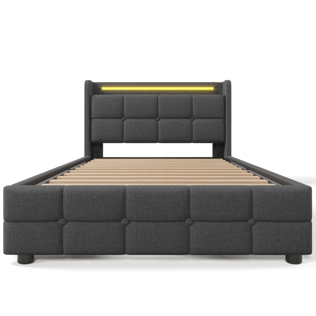 Cama estofada 90x200cm - função de carregamento usb, cabeceira com iluminação led e 2 gavetas - gris