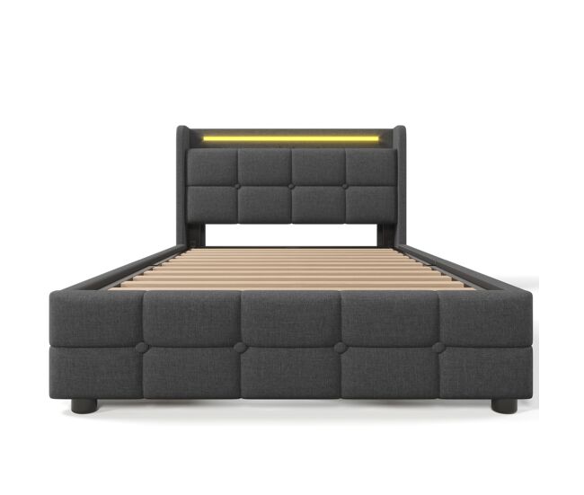 Cama estofada 90x200cm - função de carregamento usb, cabeceira com iluminação led e 2 gavetas - gris