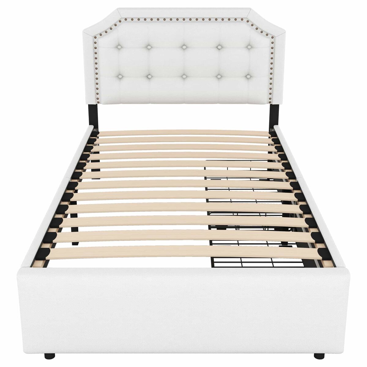 Cama estofada em tecido de linho com 2 gavetas - 90x200 cm - cabeceira decorada com rebites - bege
