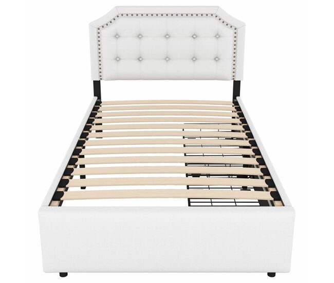 Cama estofada em tecido de linho com 2 gavetas - 90x200 cm - cabeceira decorada com rebites - bege