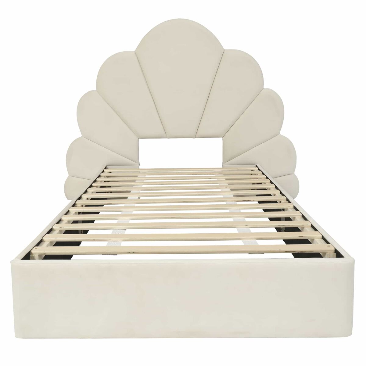 Cama individual 90x200 - cabeceira com pétalas curvas, estilo moderno, confortável, veludo - bege