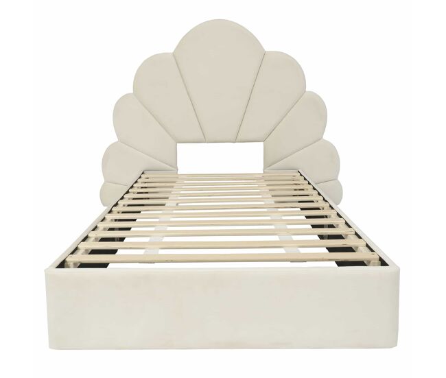 Cama individual 90x200 - cabeceira com pétalas curvas, estilo moderno, confortável, veludo - bege