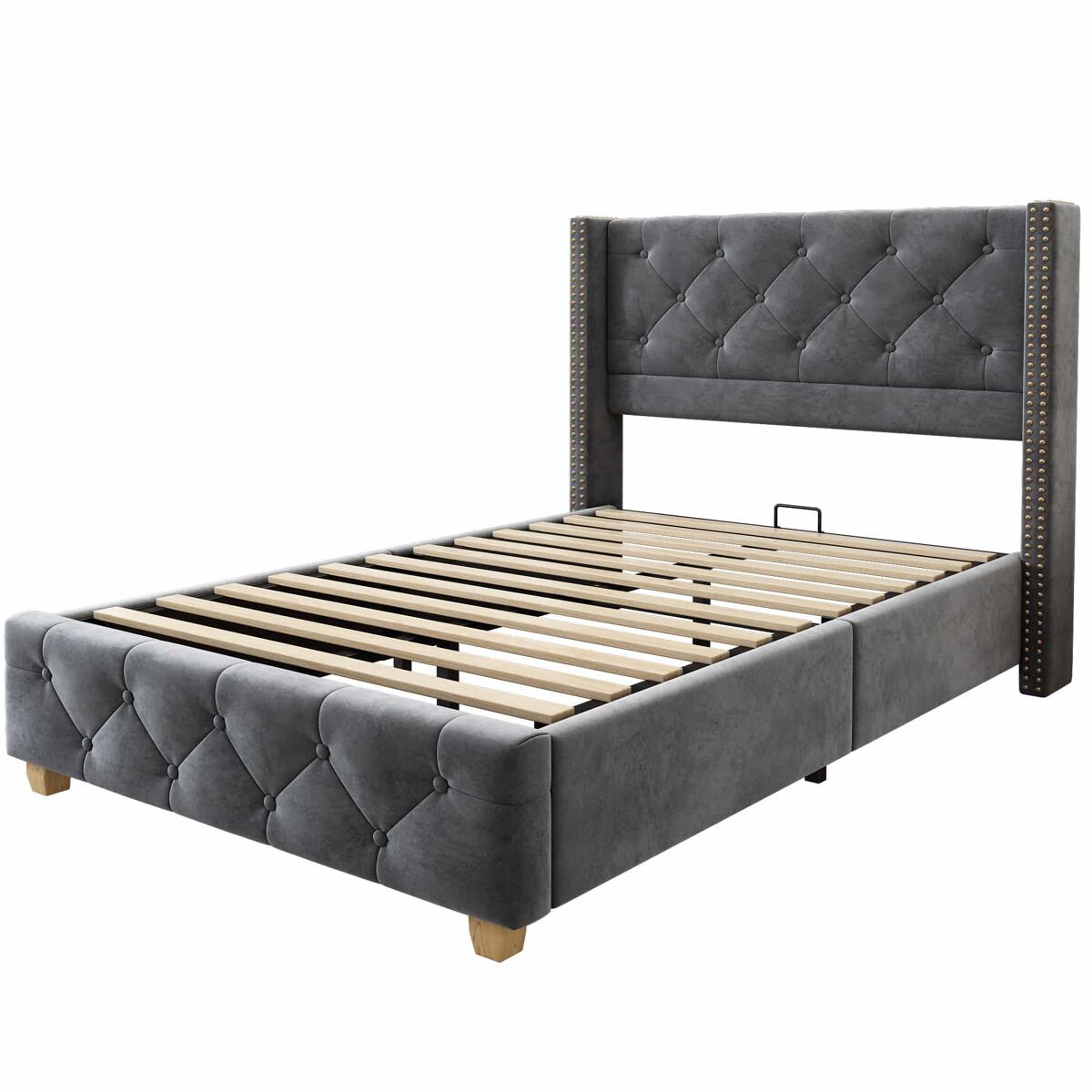 Cama estofada 90*200 - cabeceira acolchoada com botões e tachas, pés de madeira - cinza