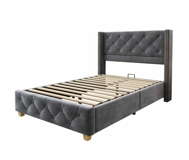 Cama estofada 90*200 - cabeceira acolchoada com botões e tachas, pés de madeira - cinza