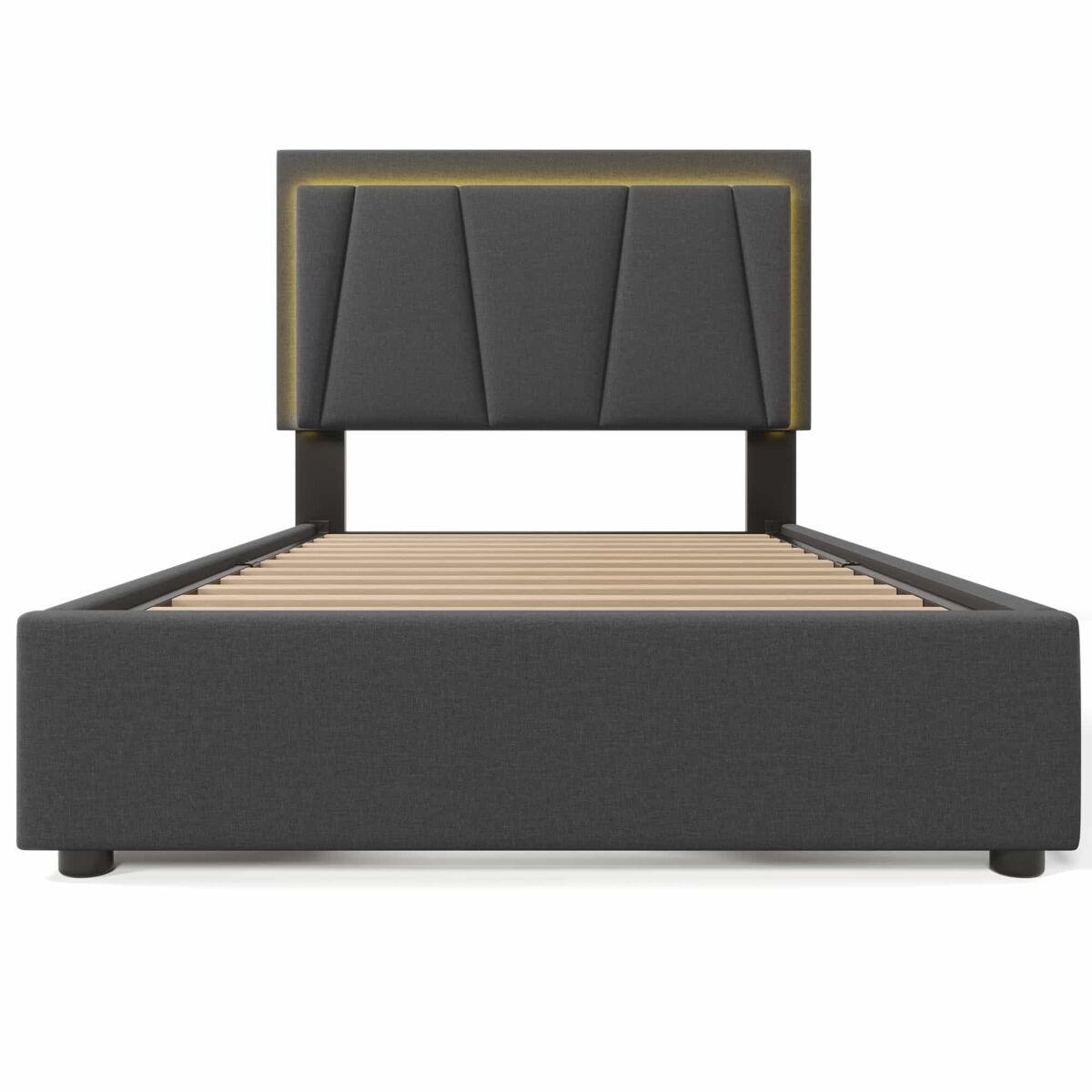 Cama estofada 90x200cm - com led e 2 gavetas, cabeceira ajustável - garu