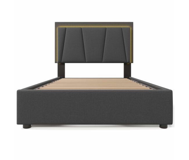 Cama estofada 90x200cm - com led e 2 gavetas, cabeceira ajustável - garu
