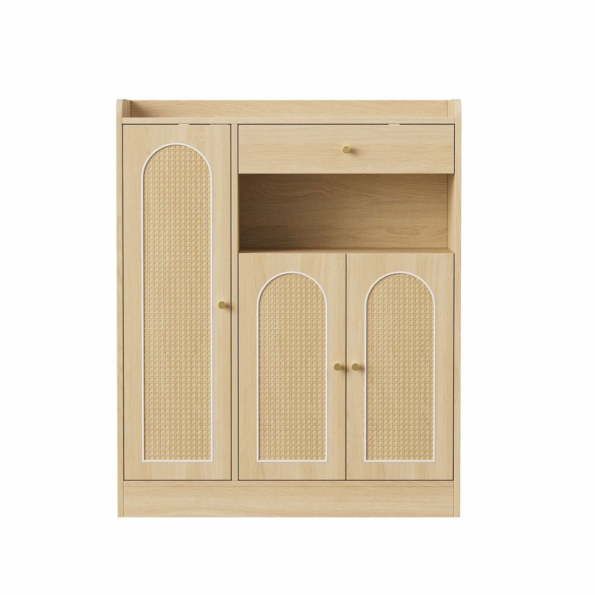 Armário de vime 90x35x110 cm - 1 gaveta, 3 portas com prateleiras ajustáveis, armário de arrumação para a entrada, sala de jantar e corredor - cor de