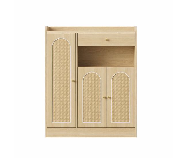 Armário de vime 90x35x110 cm - 1 gaveta, 3 portas com prateleiras ajustáveis, armário de arrumação para a entrada, sala de jantar e corredor - cor de