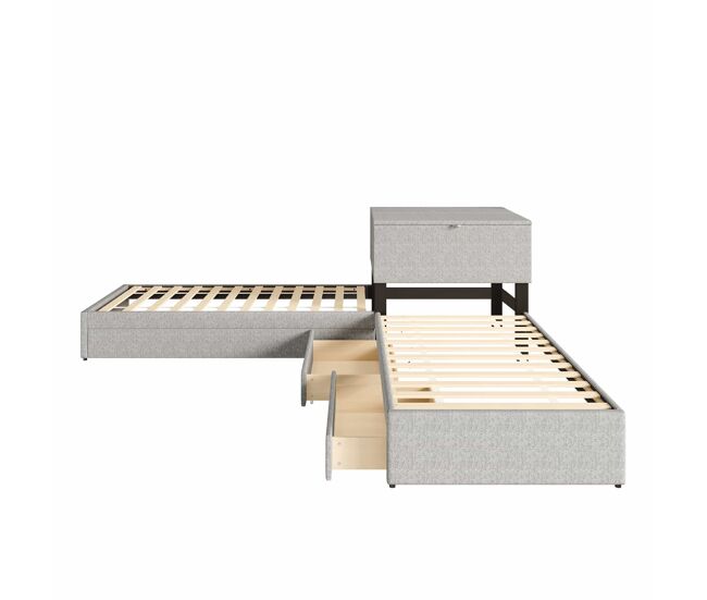 Cama de canto 90x200 - cama individual com gaveta, arrumação, gaveta e armário - cinzento