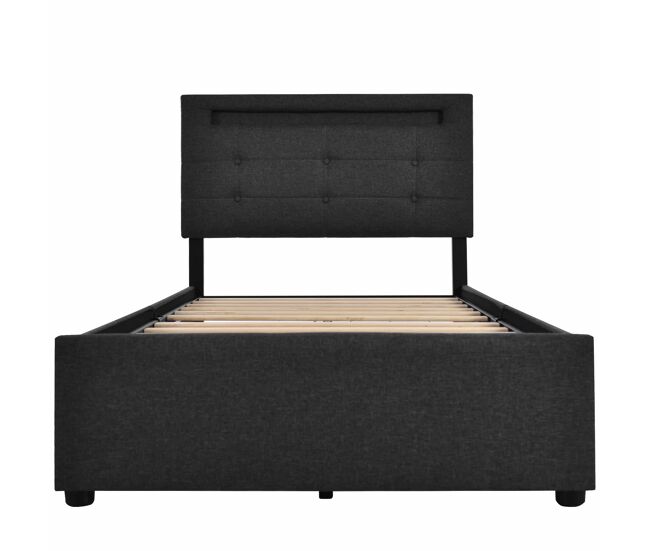 Cama contentora para roupa de cama com led 90x200 cm + 2 gavetas + estrado - preto