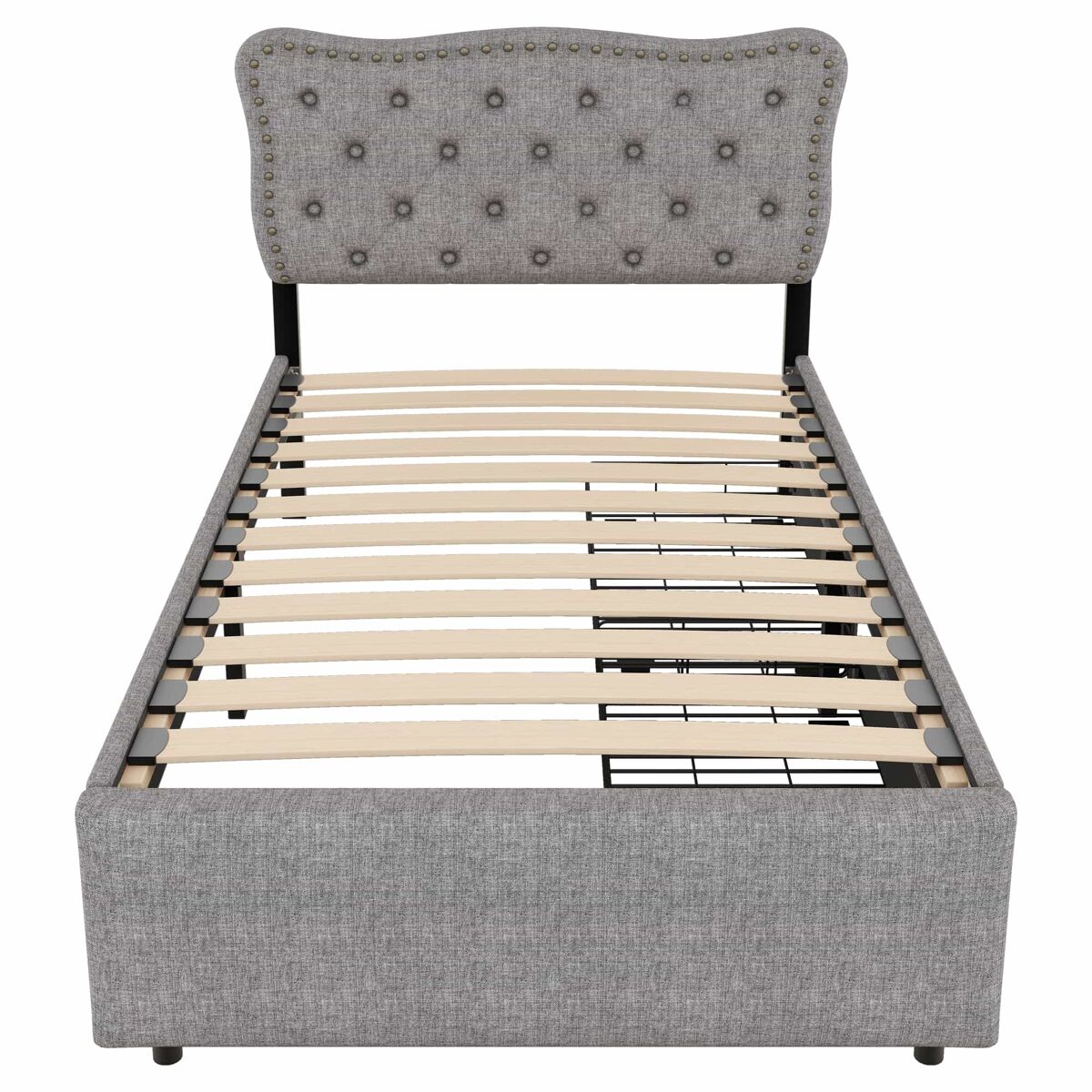 Cama estofada em tecido de linho com 2 gavetas - 90x200 cm - cabeceira decorada com rebites - cinzento