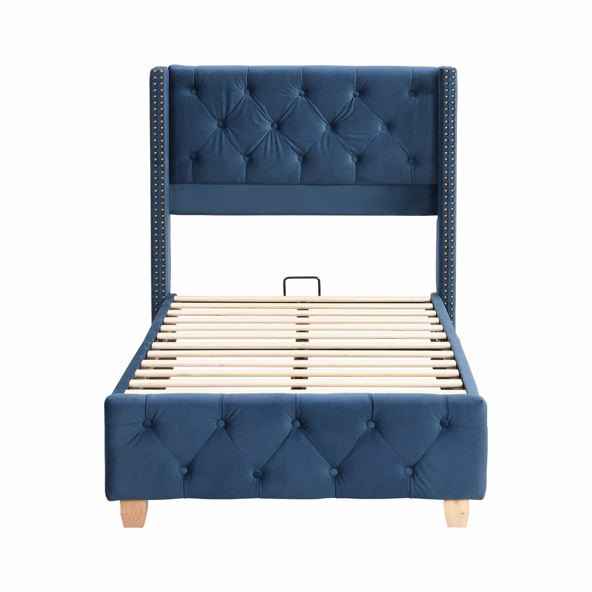 Cama estofada 90*200 - cabeceira acolchoada com botões e tachas, estrado de madeira - azul