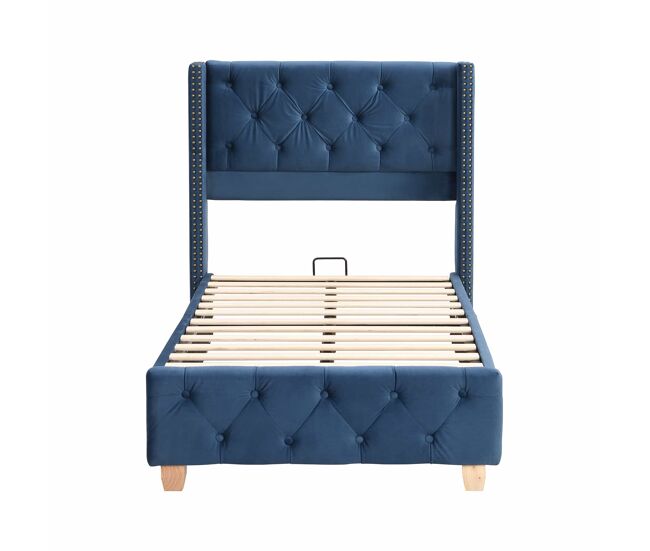 Cama estofada 90*200 - cabeceira acolchoada com botões e tachas, estrado de madeira - azul