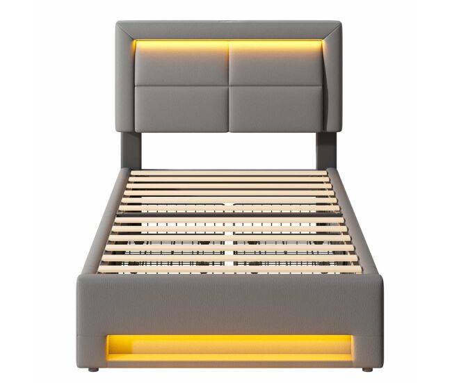 Cama estofada 90x190 cm - com porta usb, carregamento sem fios e com fios, led e quatro gavetas - cinza