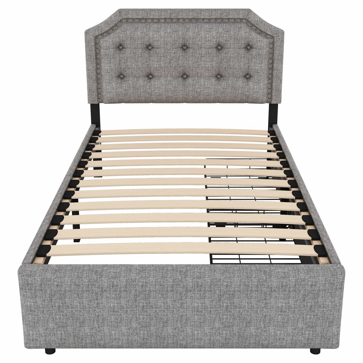 Cama estofada em tecido de linho com 2 gavetas - 90x200 cm - cabeceira decorada com rebites - gris