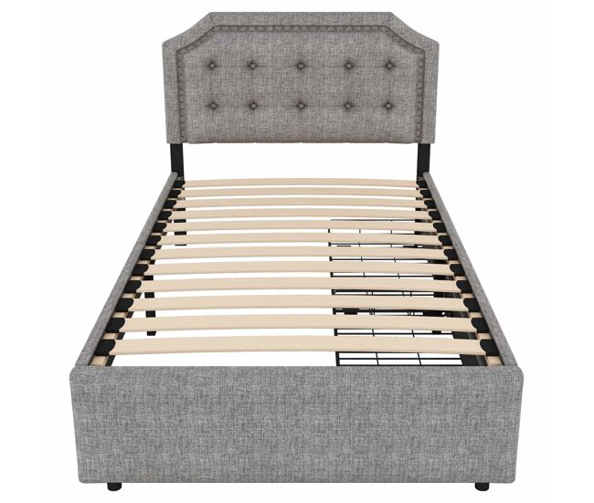 Cama estofada em tecido de linho com 2 gavetas - 90x200 cm - cabeceira decorada com rebites - gris