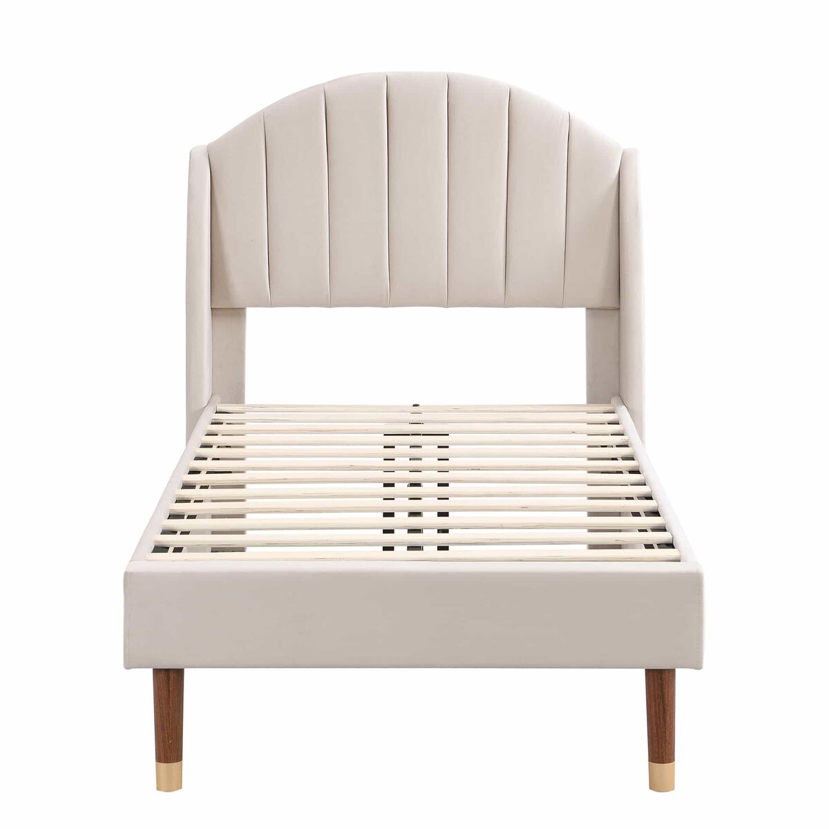 Cama estofada 90x200 cm - com base de ripas e cabeceira, cama juvenil, fácil montagem, veludo, bege