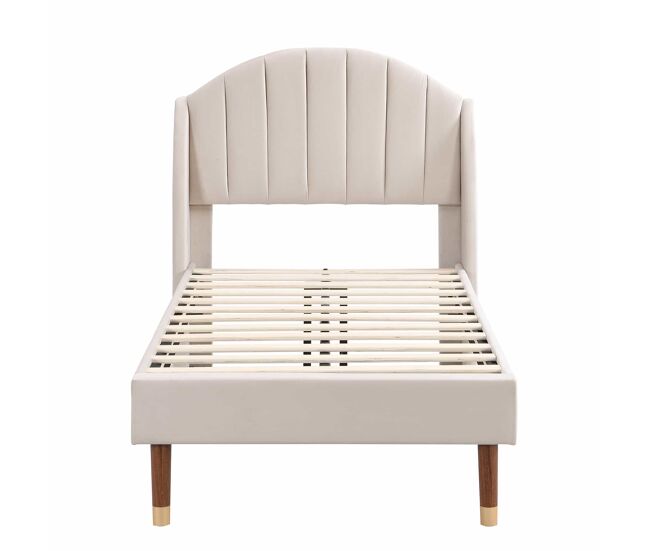 Cama estofada 90x200 cm - com base de ripas e cabeceira, cama juvenil, fácil montagem, veludo, bege