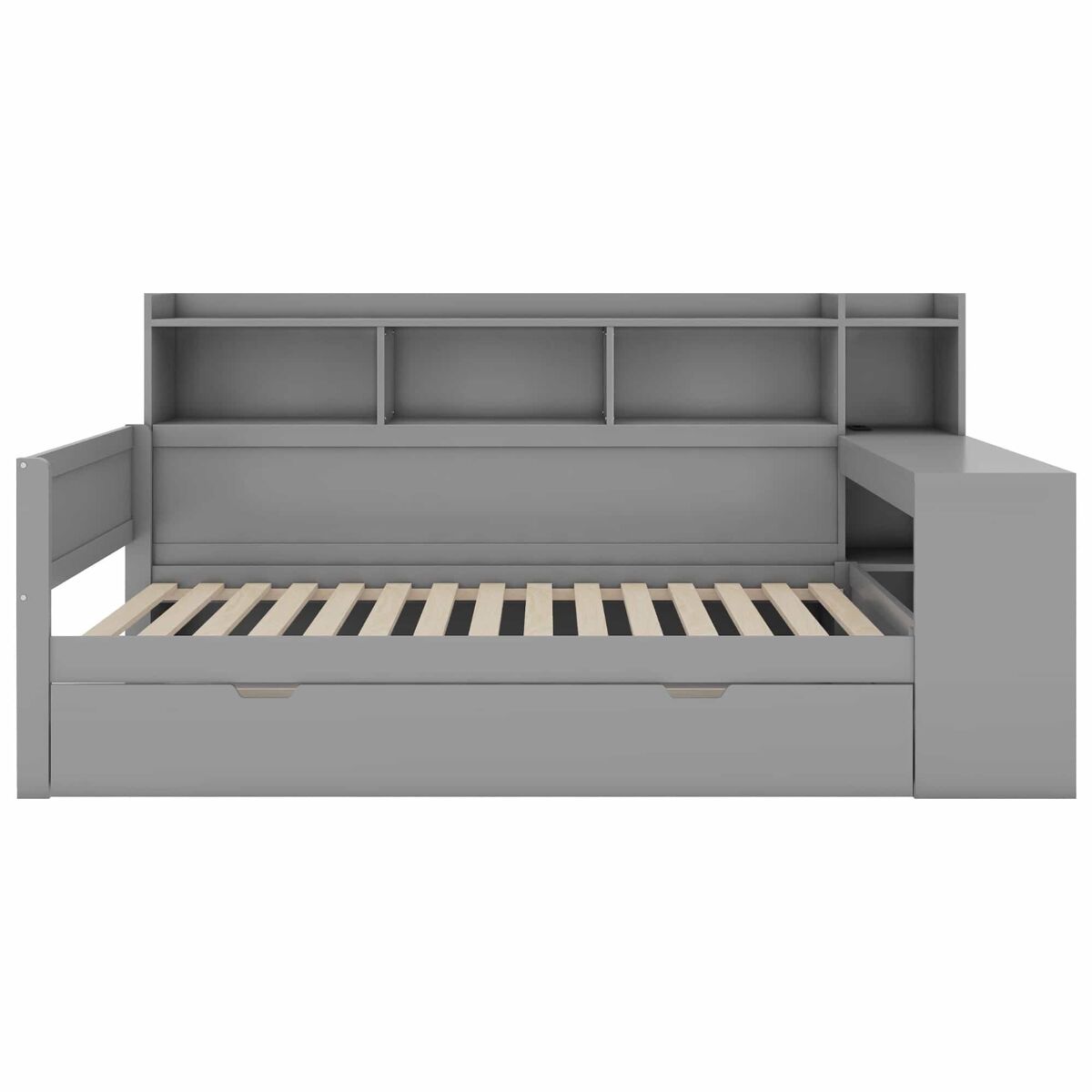 Sofá-cama 90x200 cm - secretária com tomada usb - 2 gavetas e prateleiras - cinzento (colchão não incluído)