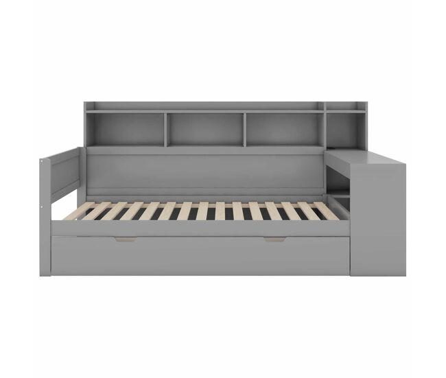 Sofá-cama 90x200 cm - secretária com tomada usb - 2 gavetas e prateleiras - cinzento (colchão não incluído)