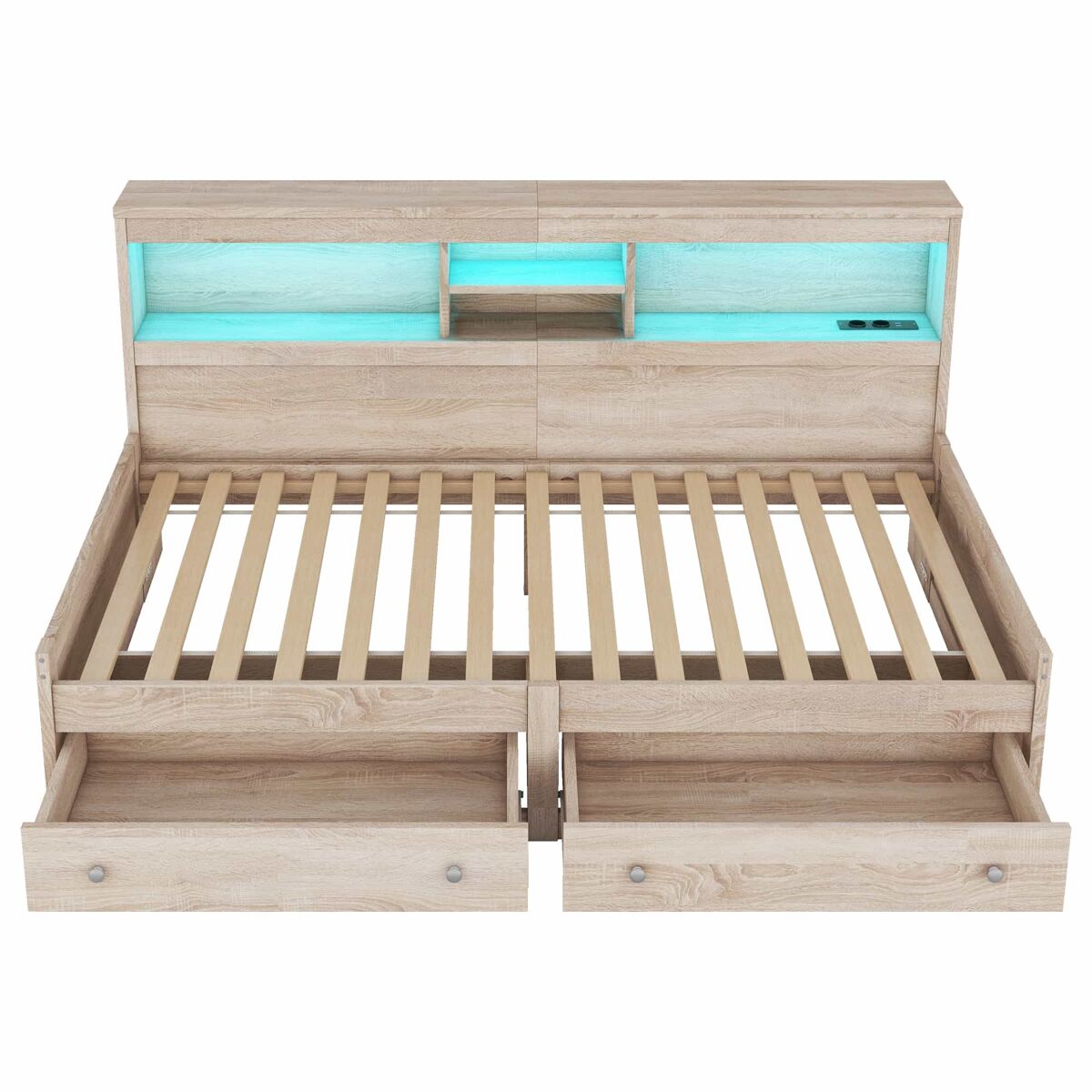 Sofá-cama 90x200 cm - com tomada usb e 2 gavetas - estrado de ripas - natural