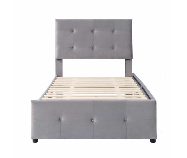 Cama estofada em veludo 90x200cm - cama individual com 2 gavetas e estrado de molas - cinzento