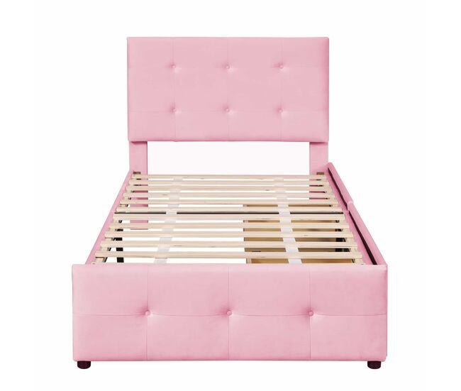 Cama estofada em veludo 90x200cm - cama individual com 2 gavetas e estrado de molas - rosa