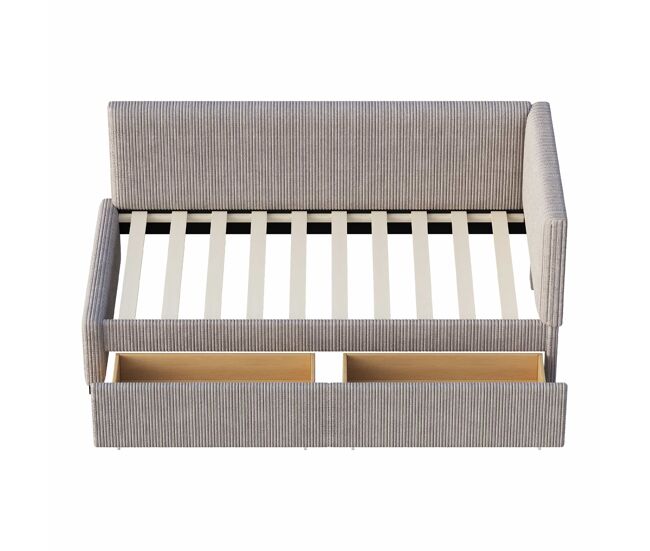 Sofá-cama estofado 90x200cm em veludo - 2 gavetas - com estrado de molas - cinzento