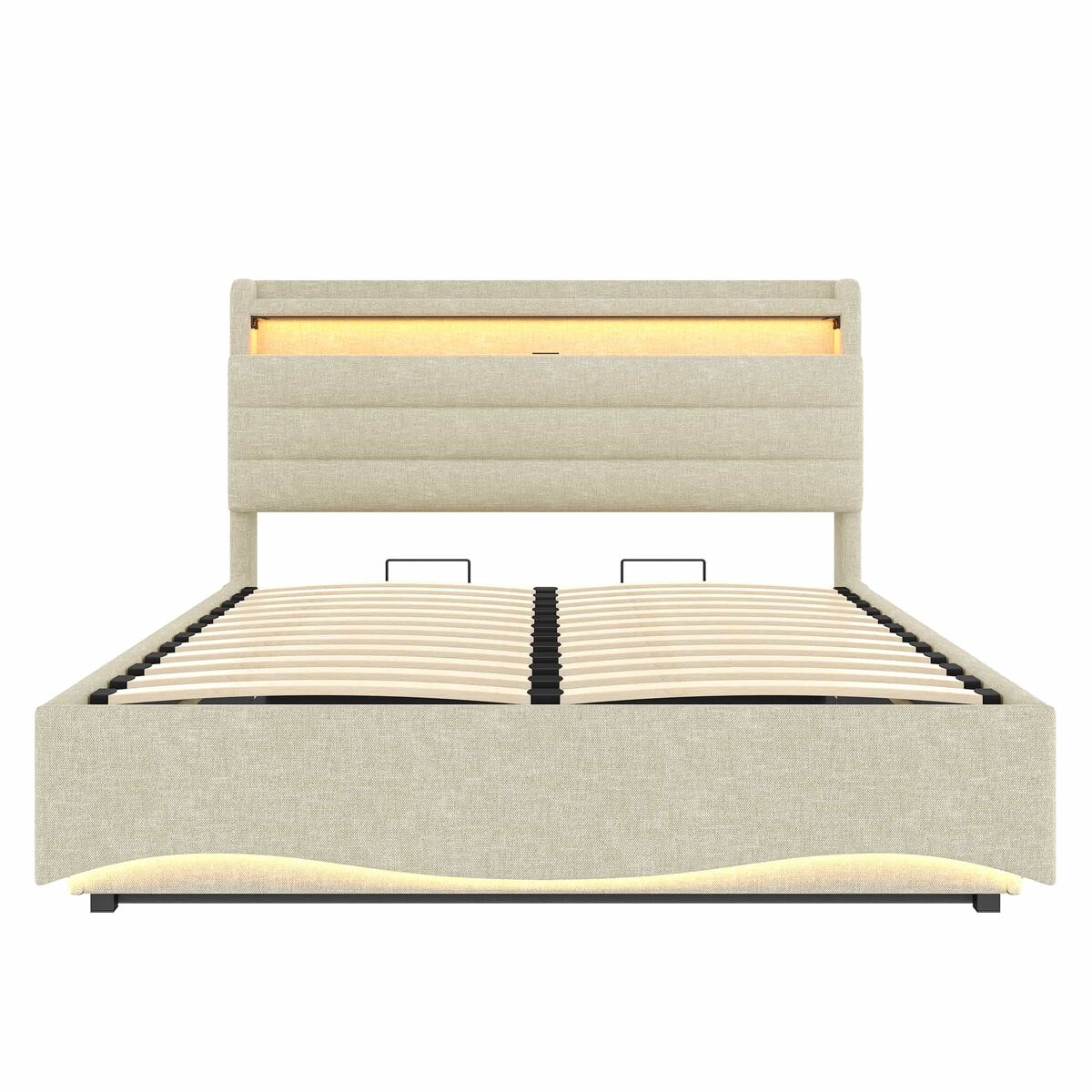 Cama estofada 140x200 cm - com iluminação led, mecanismo hidráulico, portas usb e tipo-c, compartimento e prateleiras, tecido de linho - bege