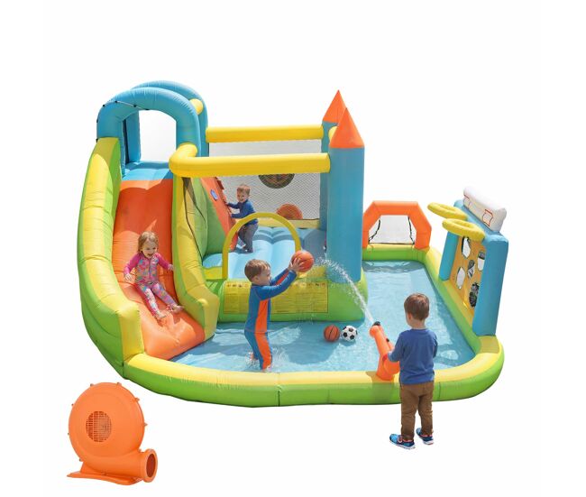 Castelo insuflável para crianças 360x320x200 cm - com escorrega, área de salto, piscina, rede de futebol e aro de basquetebol - cores vivas