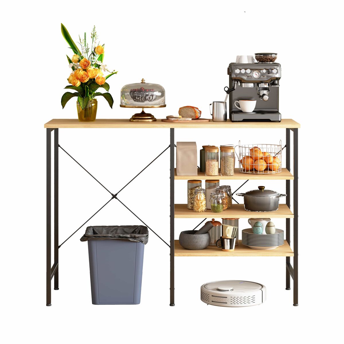 Mesa multifuncional 120 x 40 x 85,5 cm - estrutura metálica preta com tampo com efeito de madeira, design modular flexível para cozinha, sala de estar