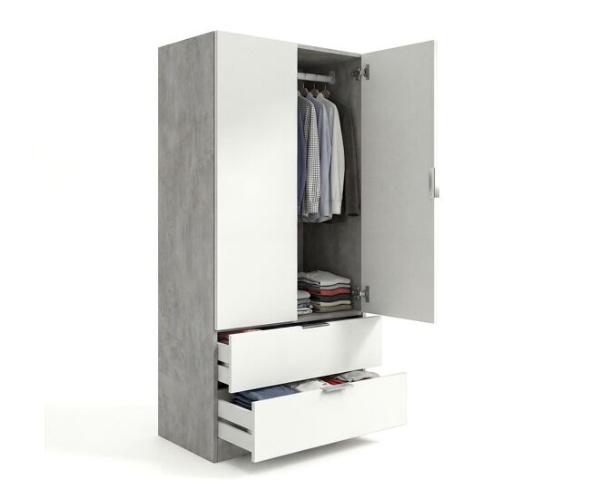Armário com 2 portas e 2 gavetas, 81,5 x 180 cm, lark cinzento cimento - branco mate 81,5 x 180 x 52 cm