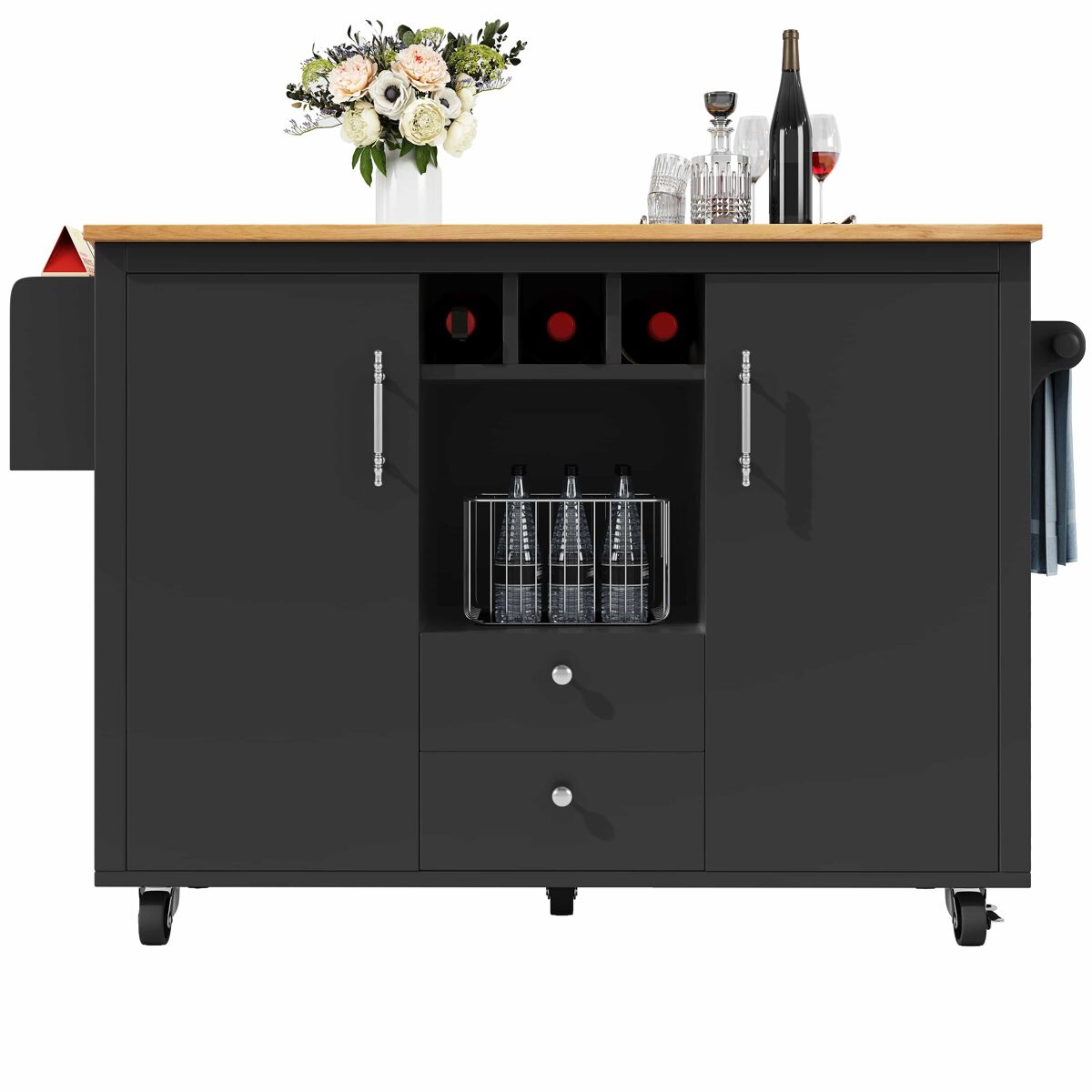 Ilha de cozinha 120x73x92 cm - armário de cozinha, carrinho de cozinha com bancada rebatível, suporte para toalhas, étagère para especiarias, étagère para portas, étagère para vinho e étagères ajustáveis - noir