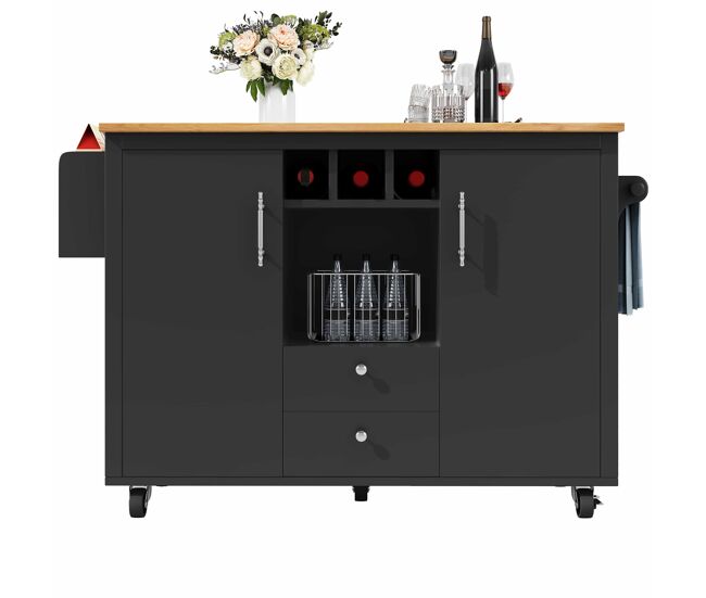 Ilha de cozinha 120x73x92 cm - armário de cozinha, carrinho de cozinha com bancada rebatível, suporte para toalhas, étagère para especiarias, étagère para portas, étagère para vinho e étagères ajustáveis - noir