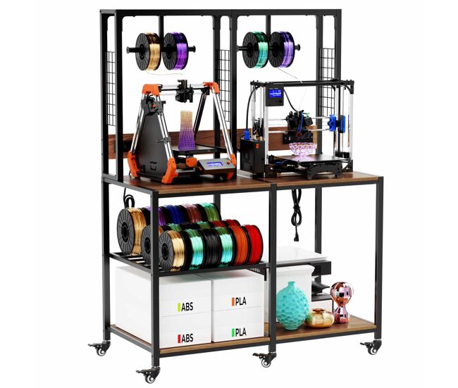 Suporte duplo para impressoras 3d, para 2 impressoras 3d – estrutura metálica com compartimento para filamentos, suporte em t, rodas com travão, mesa