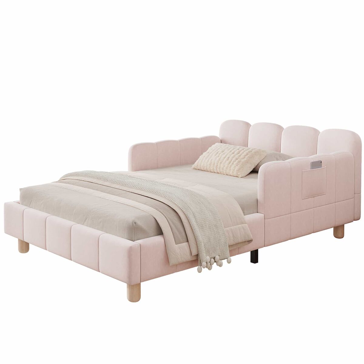 Cama individual estofada 90x200 cm - cabeceira acolchoada, proteção anti-queda, pés em madeira maciça - rosa