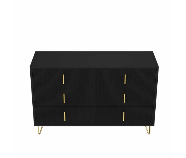 Aparador 120x40x77 cm - com 6 gavetas - puxadores dourados - preto