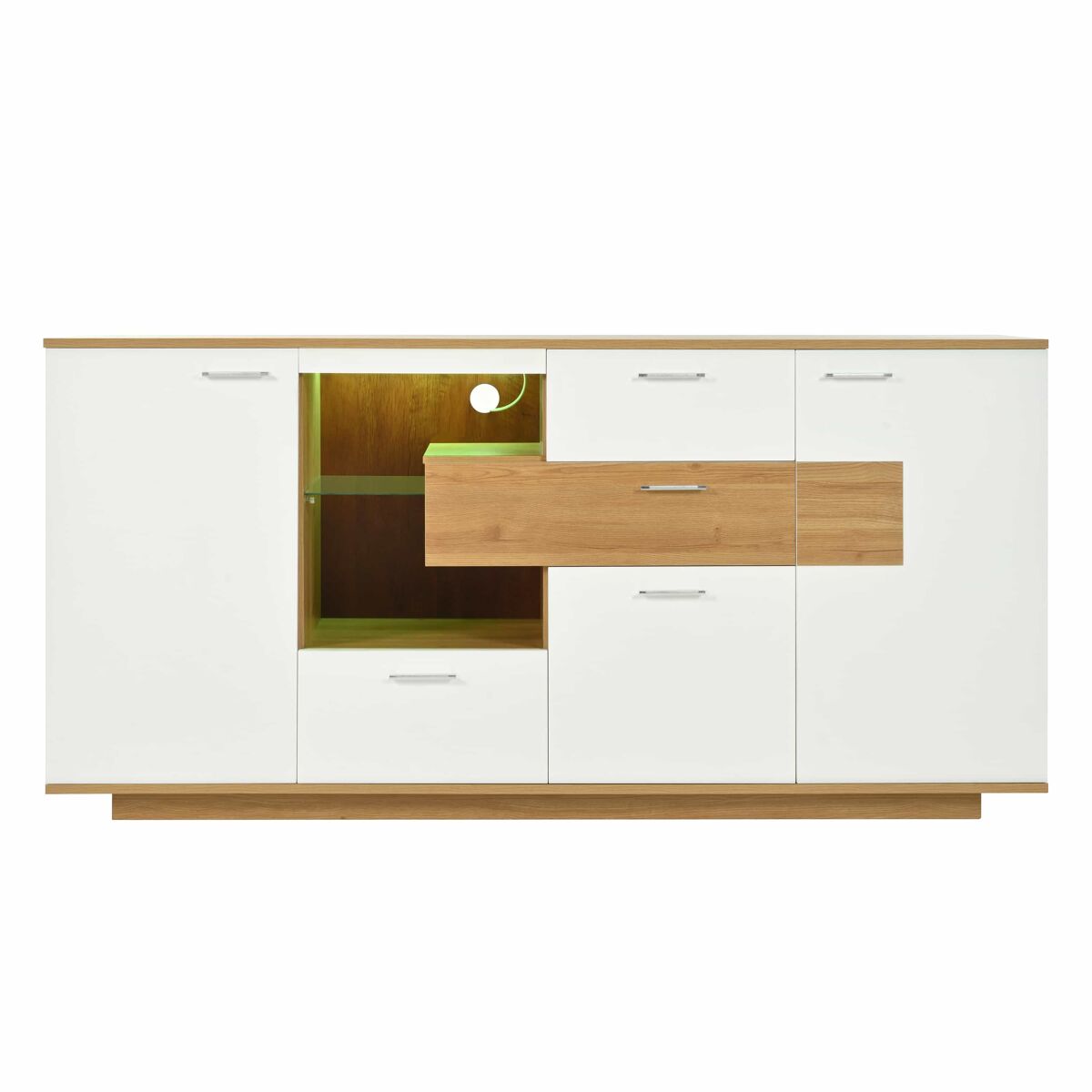 Aparador moderno 160x40x77cm - com amplo espaço de armazenamento, iluminação led, 2 portas, 4 gavetas, prateleira de vidro - natural