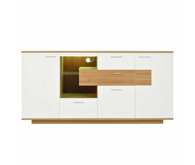 Aparador moderno 160x40x77cm - com amplo espaço de armazenamento, iluminação led, 2 portas, 4 gavetas, prateleira de vidro - natural