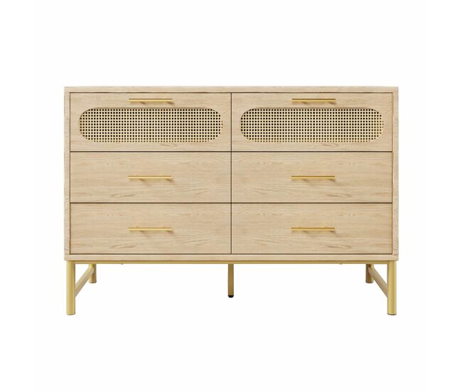Cômoda 120x40x74 cm - 6 gavetas, puxadores de metal, proteção contra tombamento - carvalho sonoma