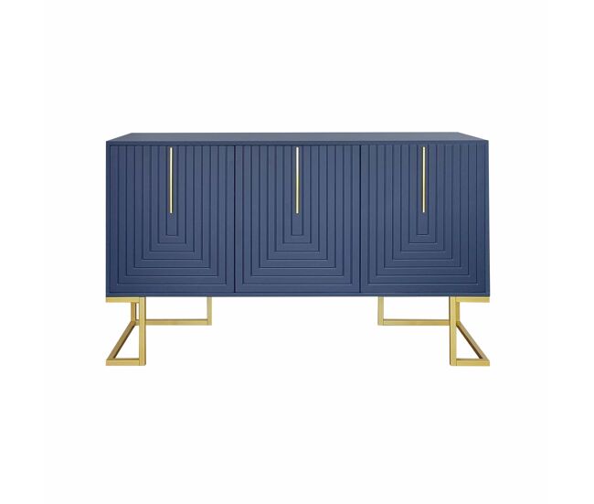 Aparador moderno com prateleiras reguláveis - 3 portas em forma de u - puxadores e base em metal - azul