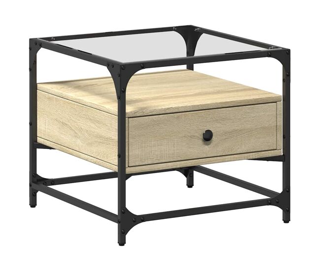 Mesa de centro, mesa baixa c/topo de vidro 50x50x45cm carvalho sonoma aço