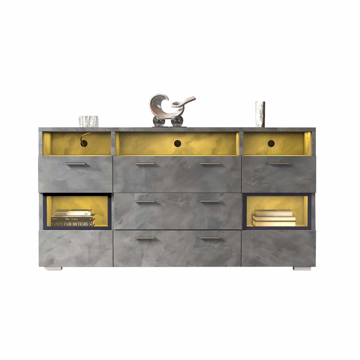 Aparador moderno 140 cm - com iluminação led, 2 portas, 3 gavetas, portas em acrílico - gris